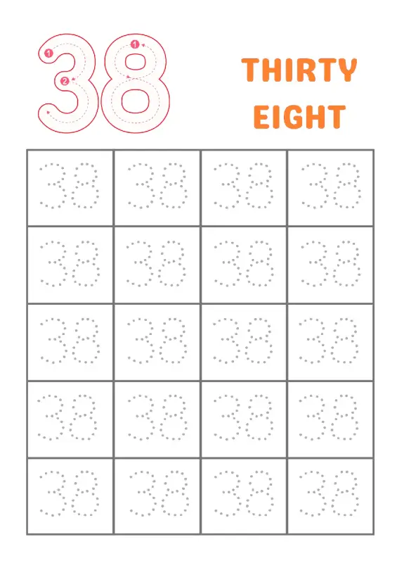Trace Number 38 Worksheet for Kindergarten | Free Printable