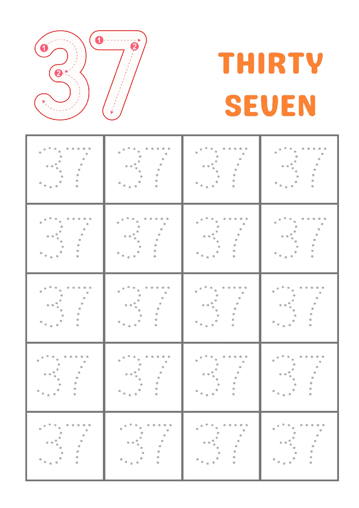 Kindergarten trace number 37 worksheet for practicing writing the number thirty-seven.