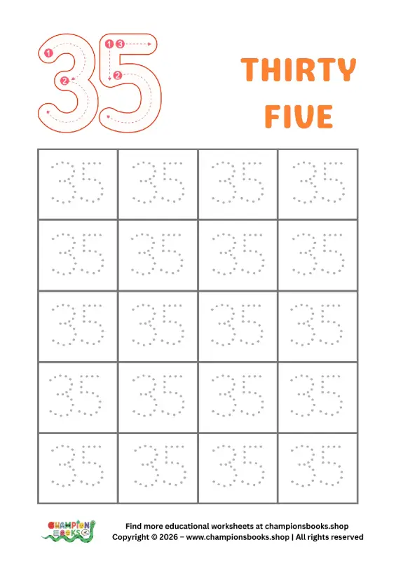 Trace Number 35 Worksheet | Kindergarten Number Practice