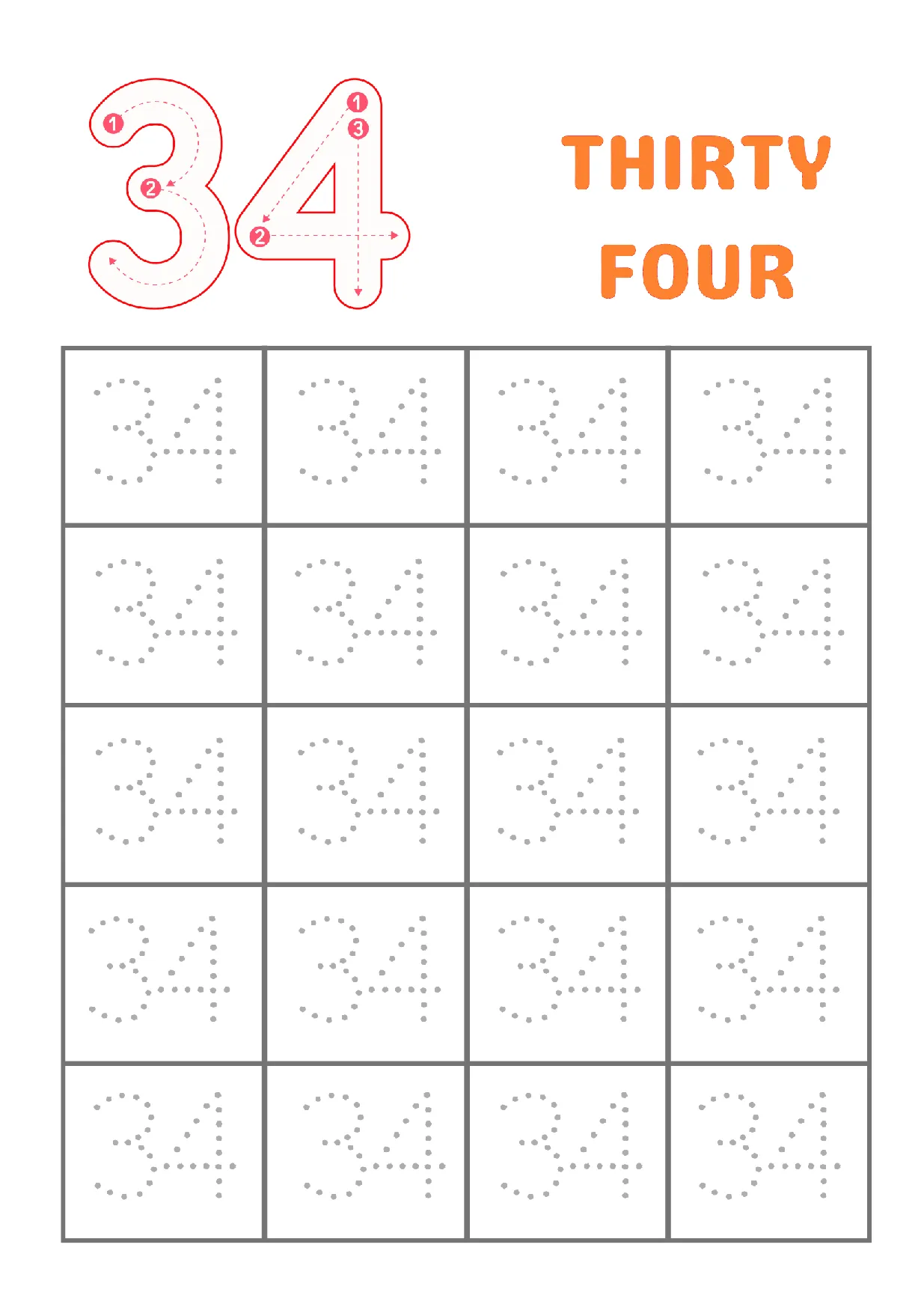 Trace Number 34 Worksheet for Kindergarten | Learn to Write