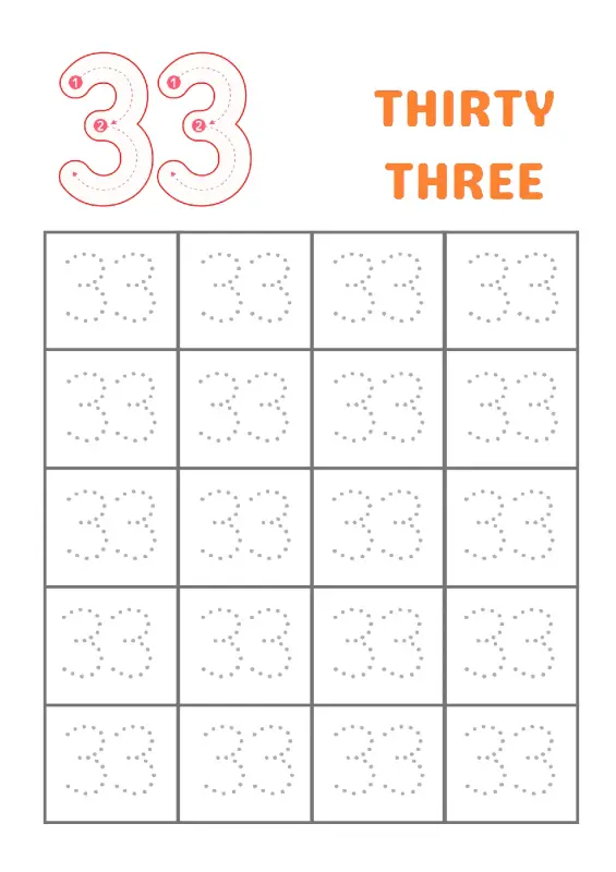 Tracing Number 33 Worksheet for Kindergarten students to practice writing the number thirty-three.