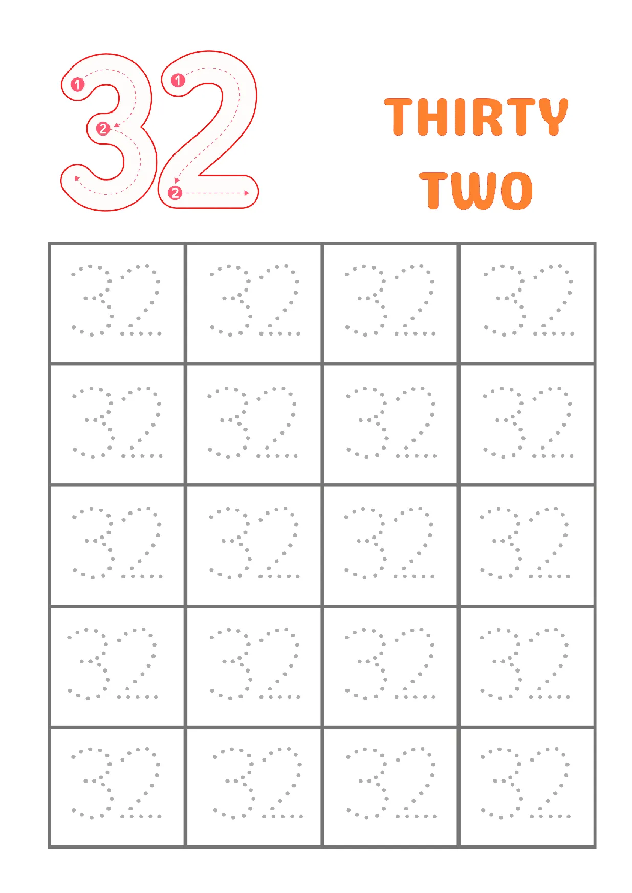 Trace Number 32 Worksheet for Kids | Learn to Write Thirty-Two