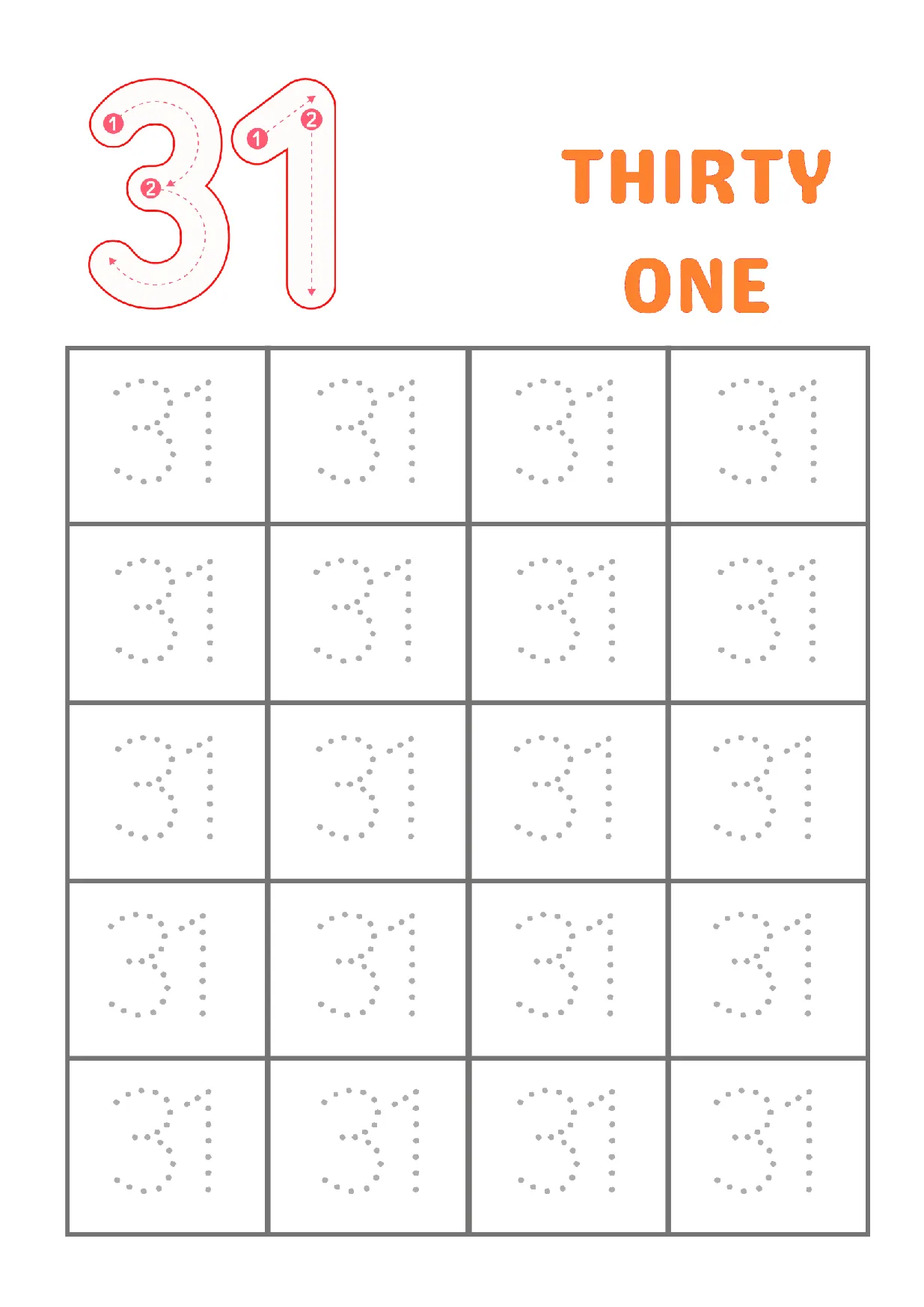 Kindergarten trace number 31 worksheet for practicing writing the number thirty-one.
