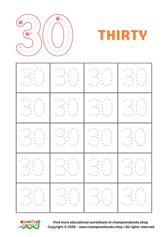 Trace Number 30 Worksheet | Kindergarten Math Practice