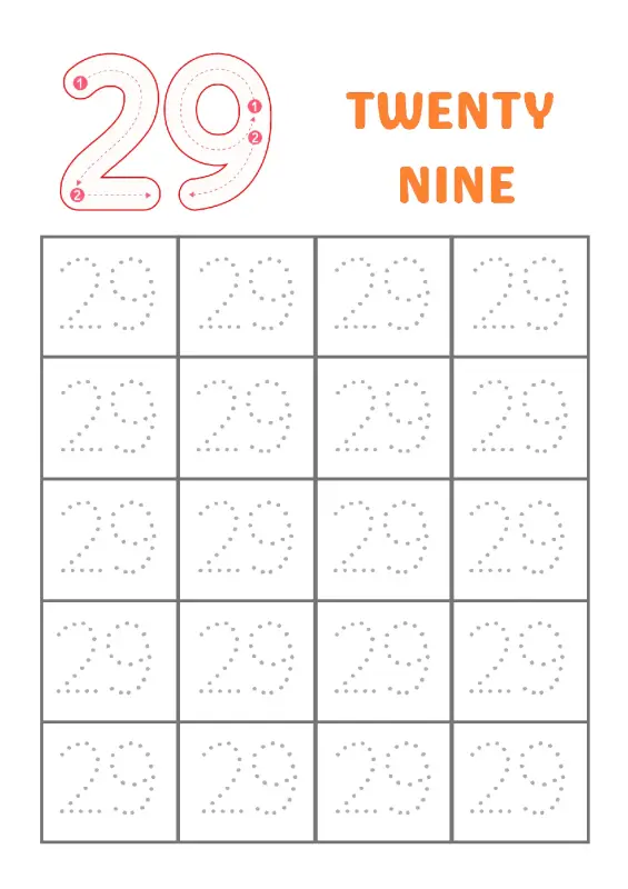 Number 29 tracing worksheet for kindergarten students to practice writing the number twenty-nine.