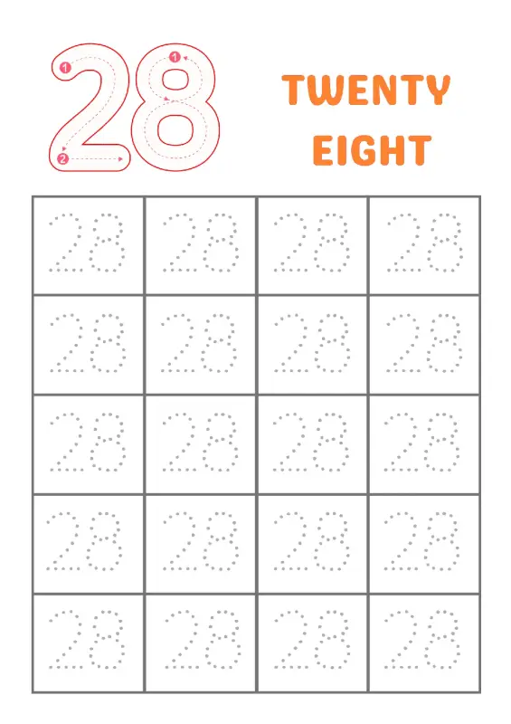 Trace Number 28 Worksheet | Kindergarten Number Practice