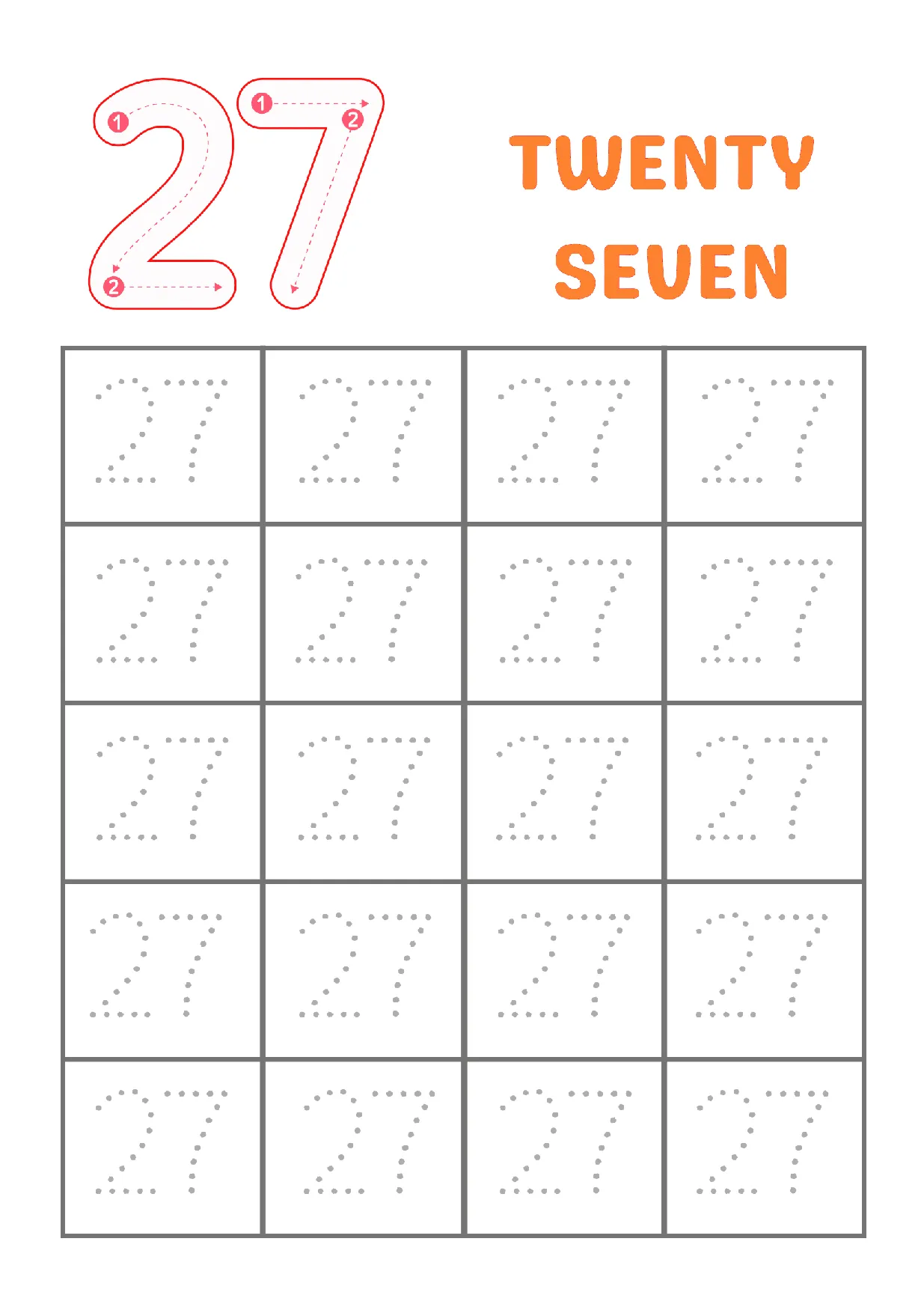 Number 27 tracing worksheet for kindergarten students to practice writing the number twenty-seven.