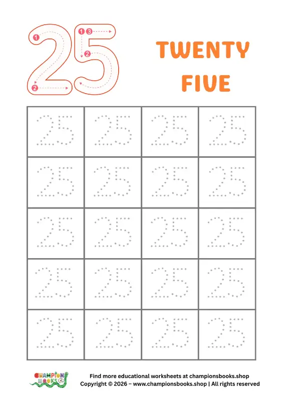 Trace Number 25 Worksheet for Kindergarten | Learn to Write