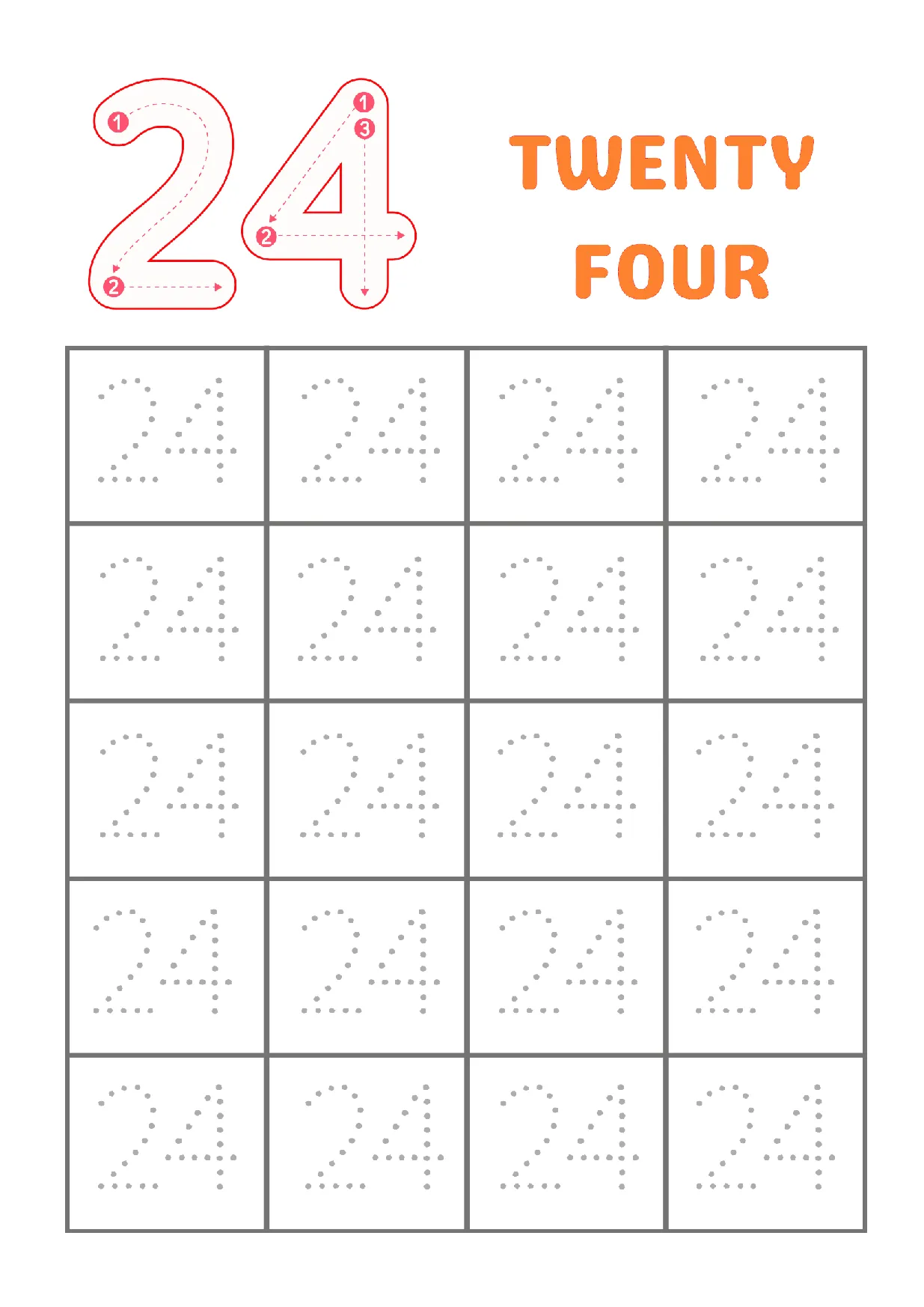 Kindergarten number 24 tracing worksheet for writing and recognizing the number twenty-four.