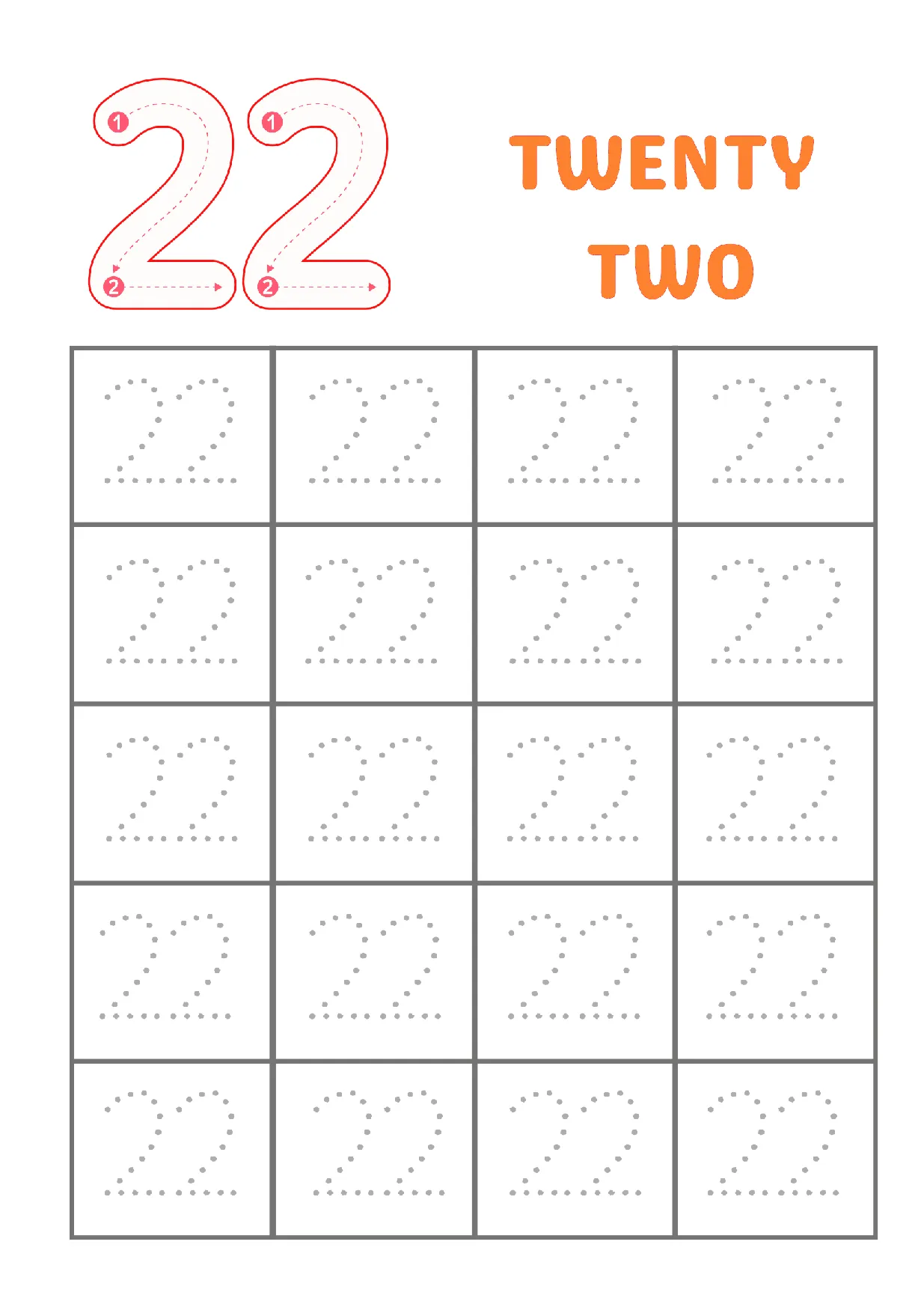 Kindergarten Number 22 tracing worksheet with dotted lines for writing the number twenty-two