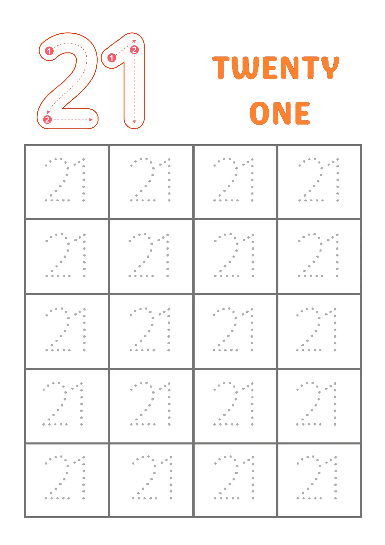 Trace Number 21 Worksheet for Kindergarten & Pre-K