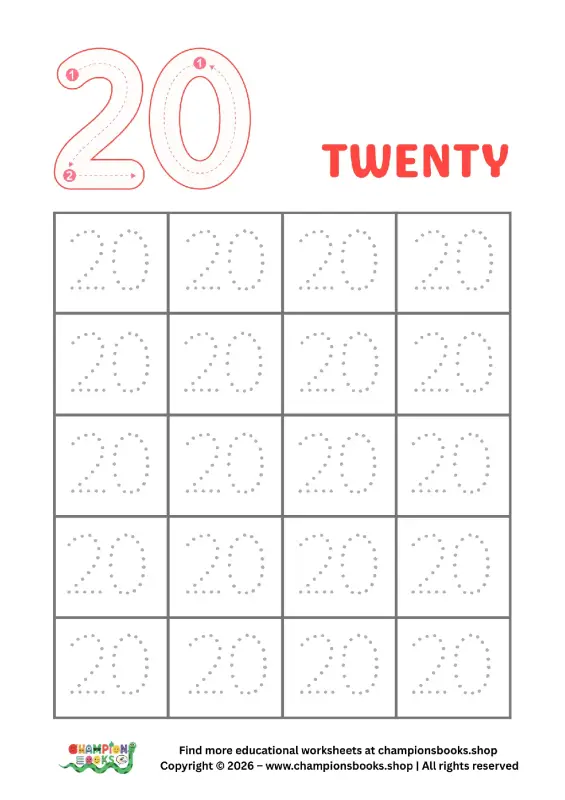 Number 20 Tracing Worksheet for Kindergarten & Preschool