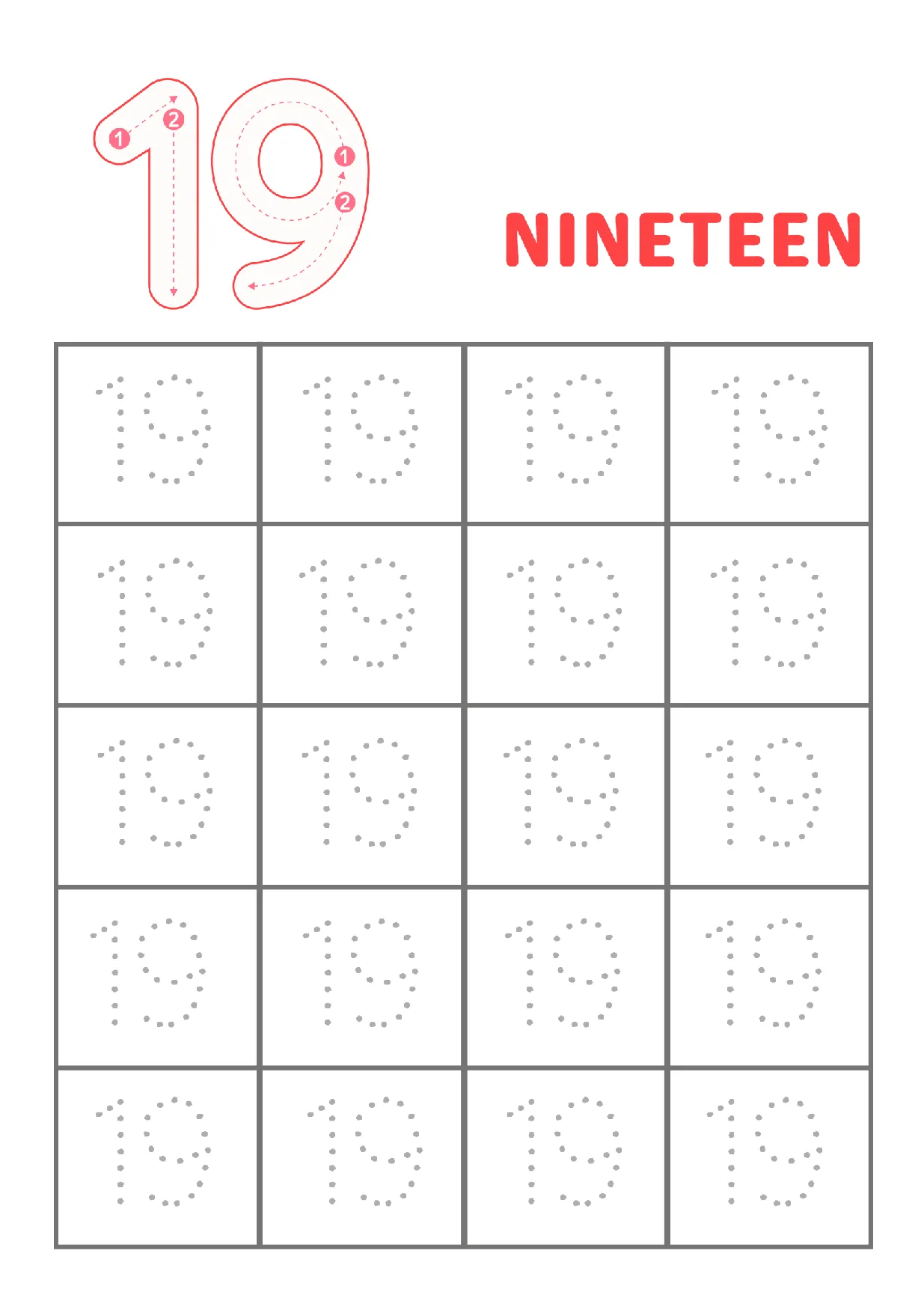 Printable Number 19 Tracing Worksheet for Kindergarten