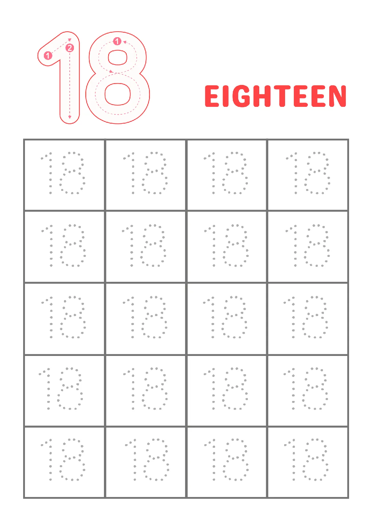 Trace Number 18 Worksheet | Kindergarten Number Practice
