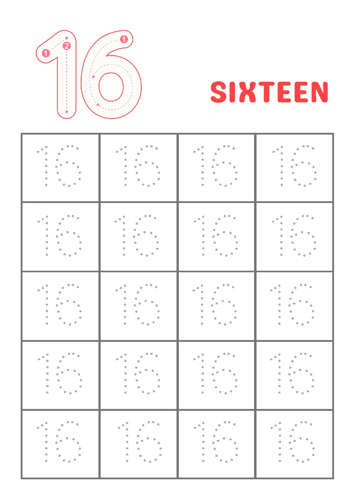 Trace Number 16 Worksheet for Kindergarten | Free Printable