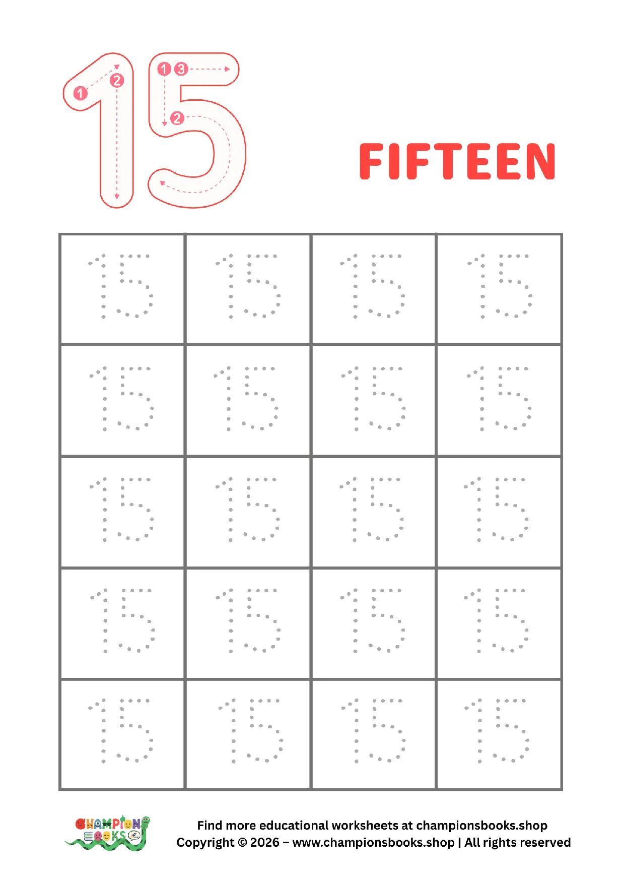 Trace Number 15 Worksheet | Kindergarten Math Practice