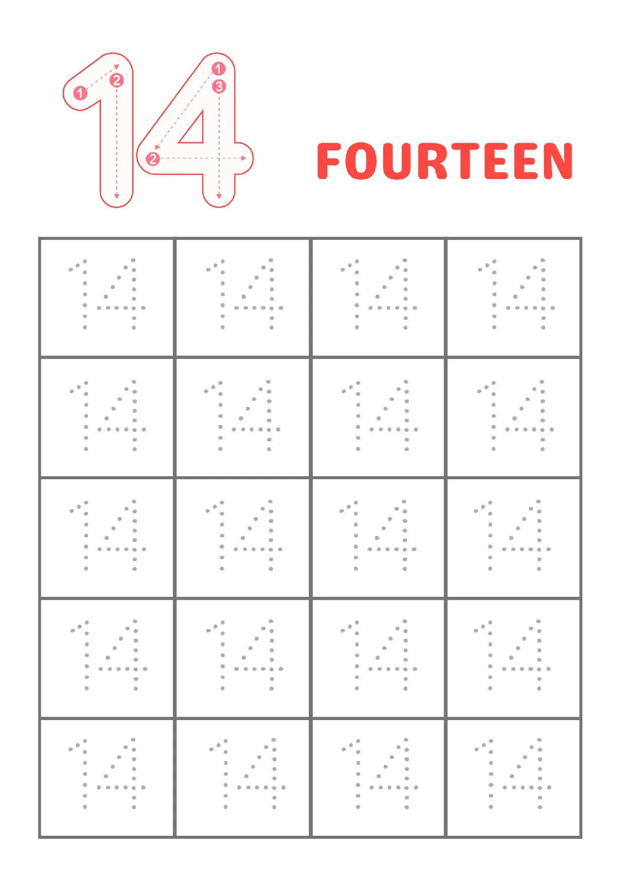 A number 14 tracing worksheet for kindergarten, showing dotted lines for children to practice writing the numeral 14 and the word 'FOURTEEN'.