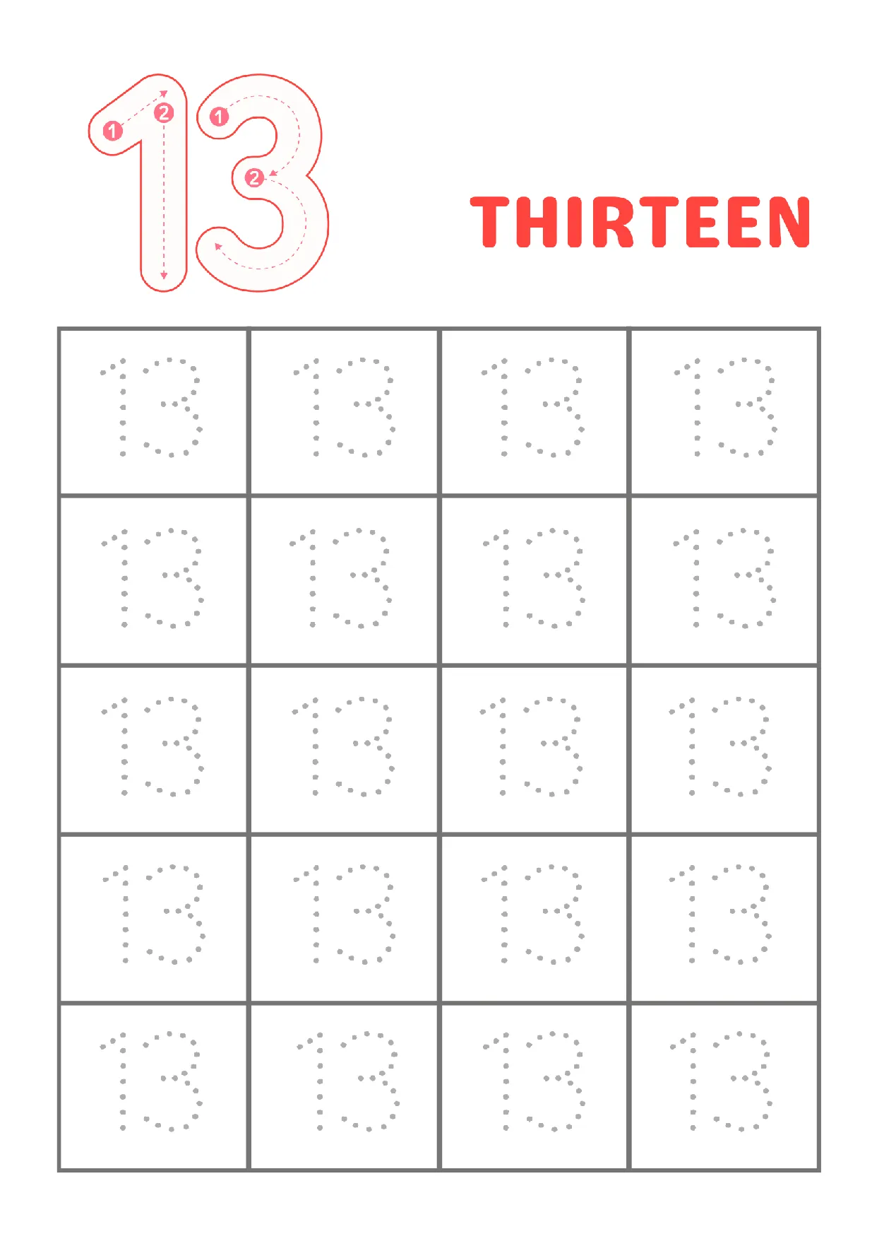 Trace Number 13 Worksheet | Kindergarten Math Practice