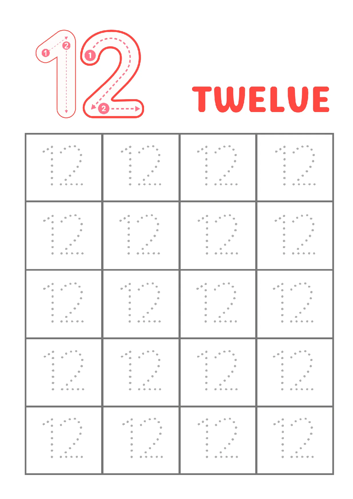 Kindergarten tracing number 12 worksheet with stroke order