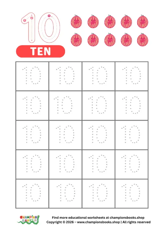 Kindergarten number 10 tracing worksheet with watermelons for counting practice.