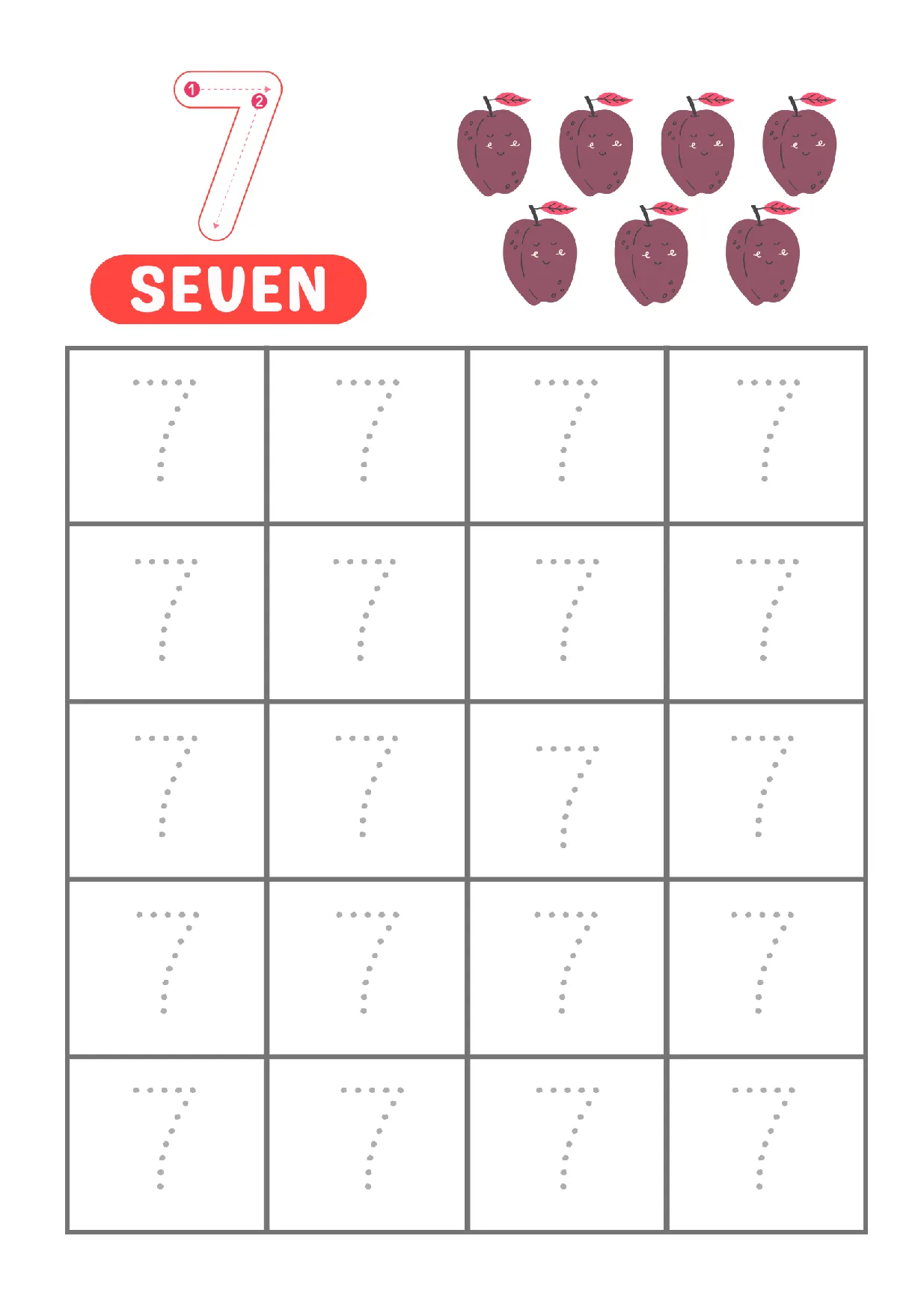 Trace Number 7 Worksheet with seven apples for kindergarten practice
