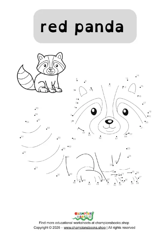 Red Panda Dot-to-Dot Worksheet for kids, showing numbers 1-68 to connect and reveal the animal