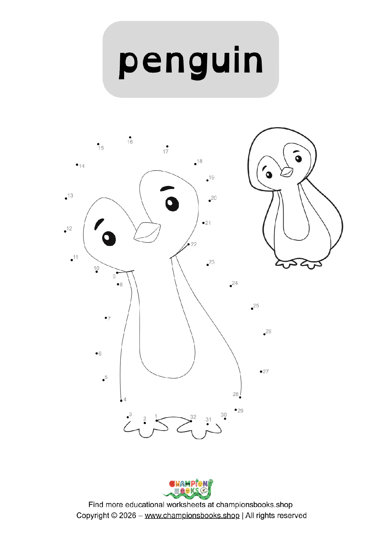 Penguin dot to dot worksheet for Kindergarten kids, showing numbers 1-32 to connect and a completed penguin illustration.