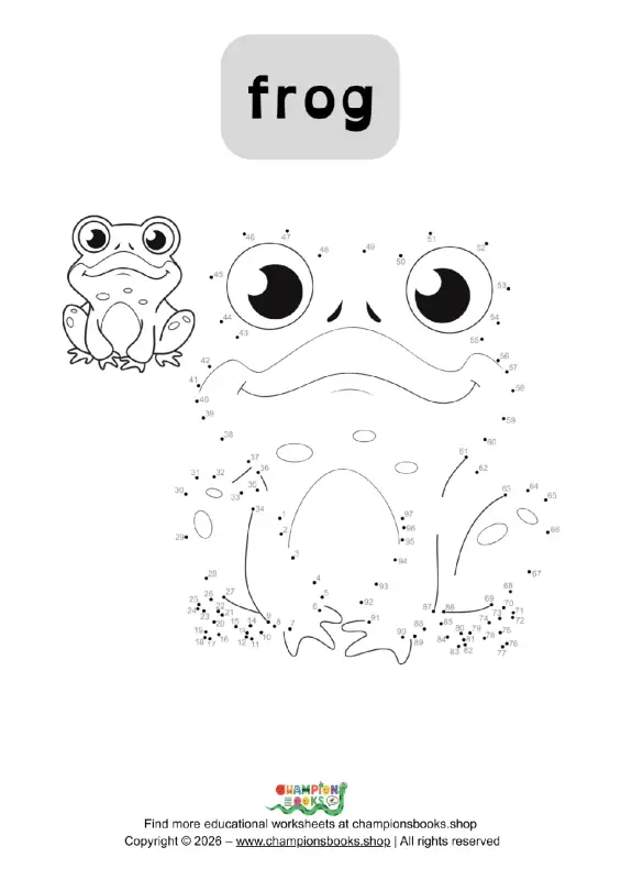 Frog connect the dots worksheet for Grade 1 students practicing number recognition from 1 to 97.