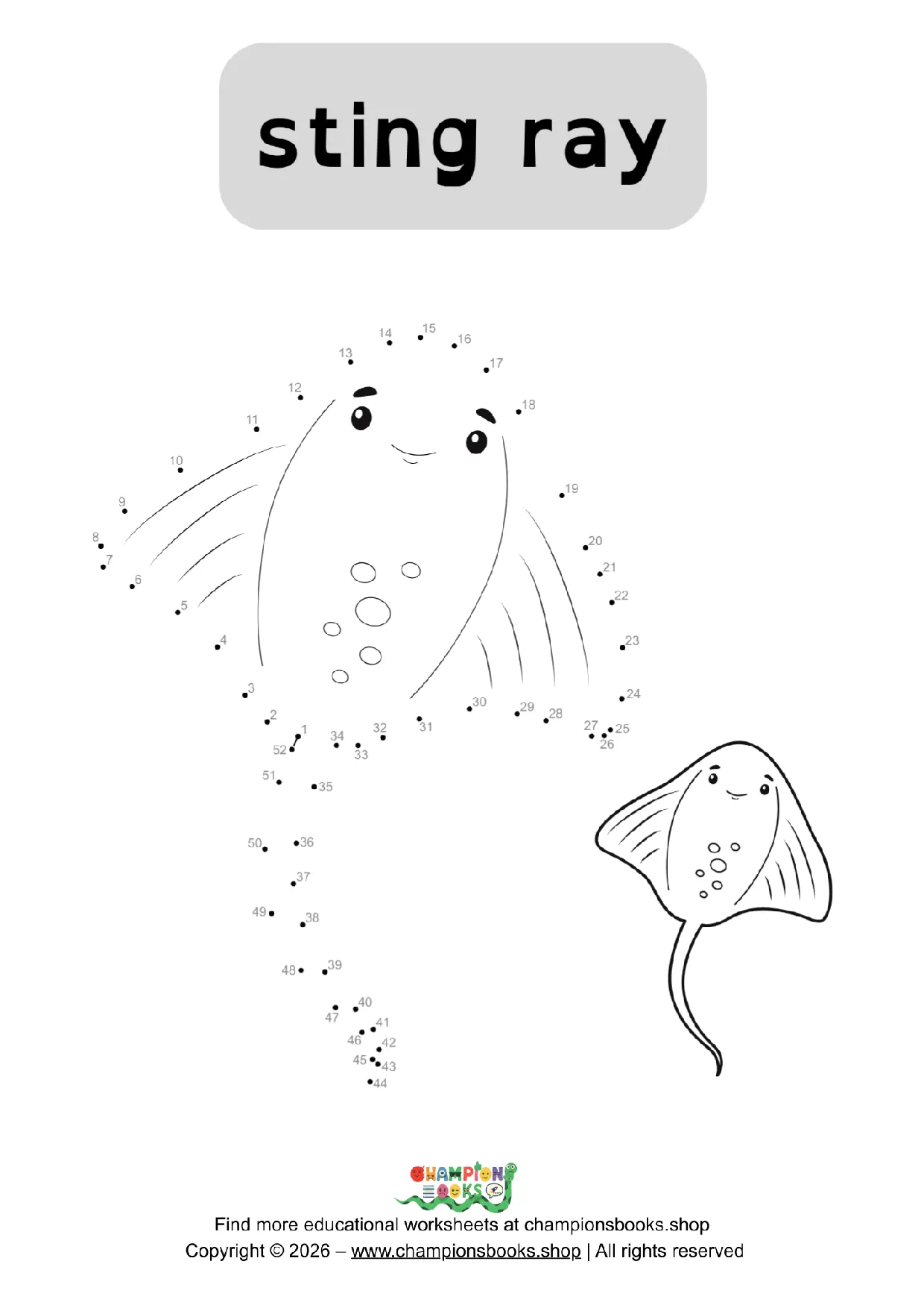 Connect the Dots Sting Ray Worksheet for Kindergarten