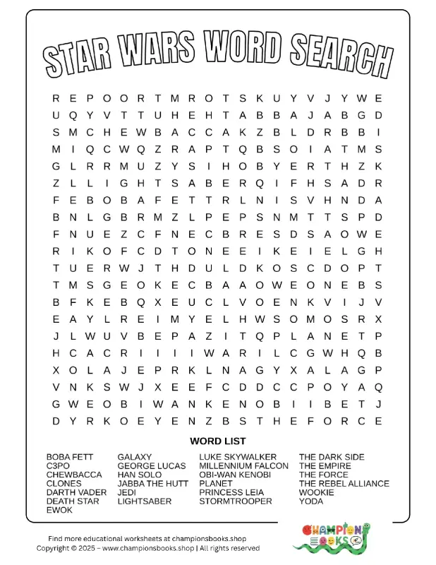 Star Wars Word Search puzzle featuring characters like Luke Skywalker, Darth Vader, and Chewbacca, perfect for elementary students.