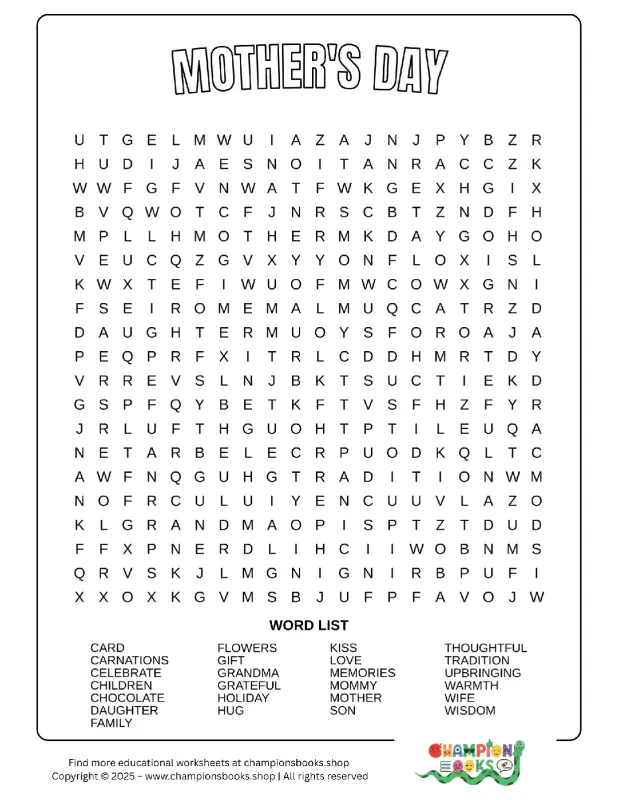 Mother's Day word search puzzle featuring words like love, family, mother, and flowers for children to find.