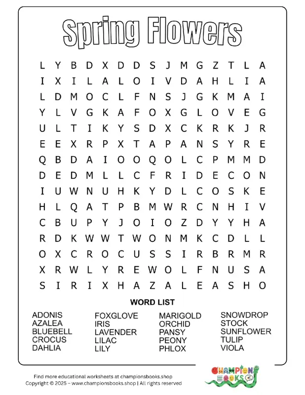 Spring Flowers Word Search Puzzle for Kids | Grade 2-3 Fun