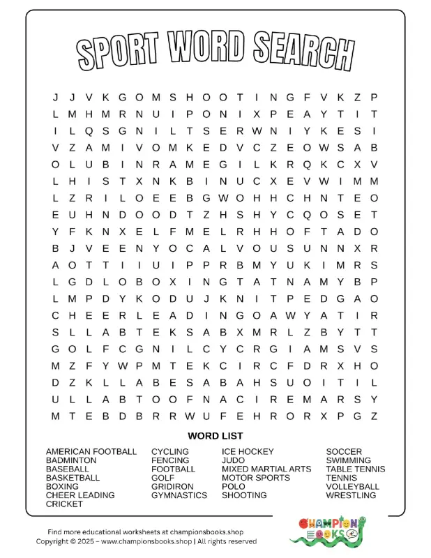 A challenging sport word search puzzle worksheet featuring a grid of letters and a list of sports to find, perfect for kids.