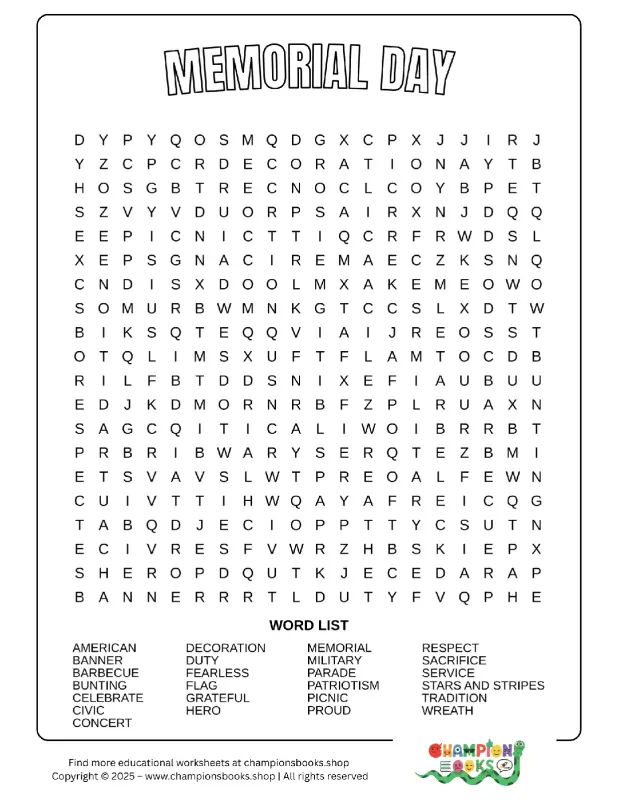 Memorial Day word search puzzle for Grade 4 students, featuring patriotic vocabulary and a word list.