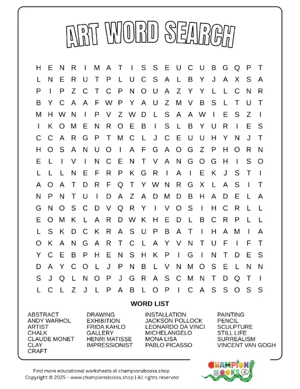 Art Word Search Puzzle | Famous Artists & Art Terms