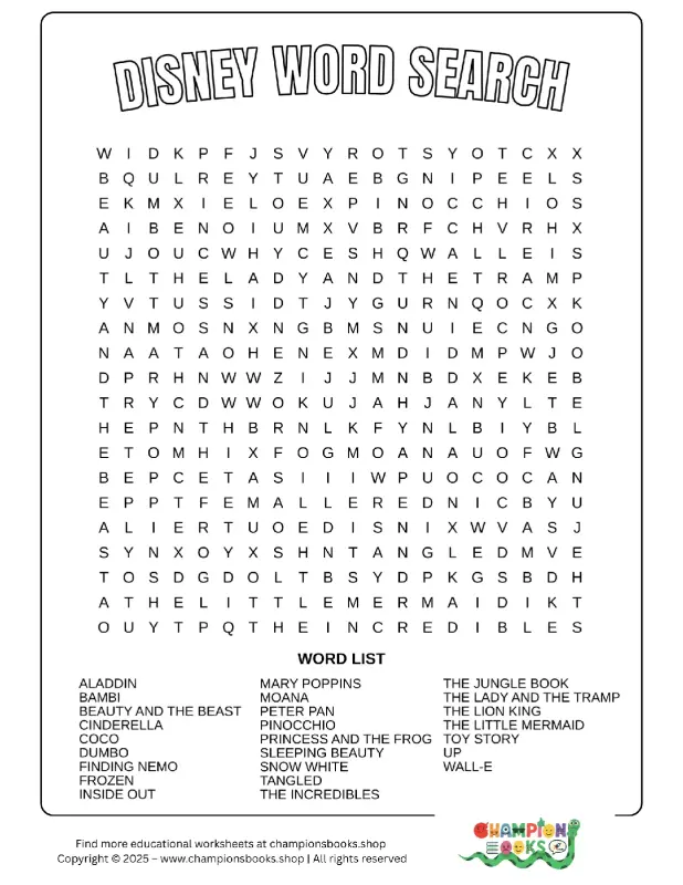 Disney Word Search puzzle featuring a grid of letters and a list of Disney movie titles to find.