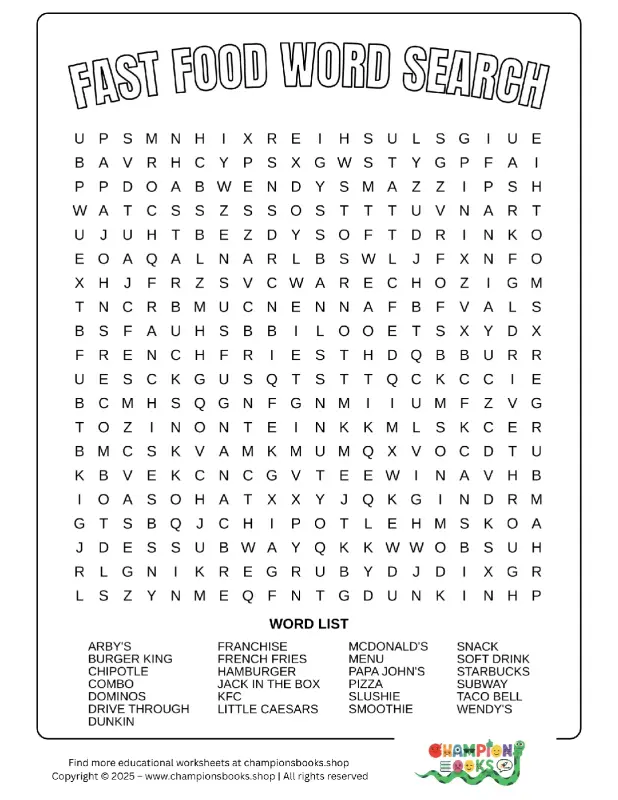 Fun Fast Food Word Search Worksheet | Grades 3-4 Activity
