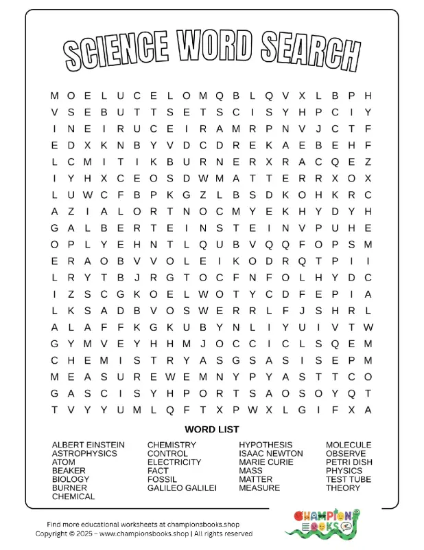Science Word Search worksheet featuring terms like Albert Einstein, Molecule, and Chemistry, designed for Grades 5-7 students.