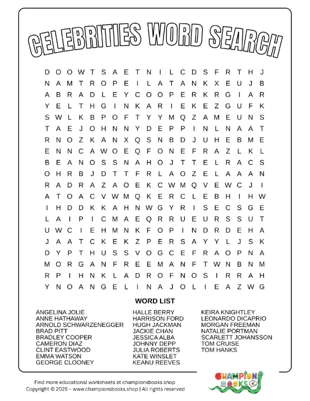 Celebrities Word Search Puzzle | Fun Stars Worksheet
