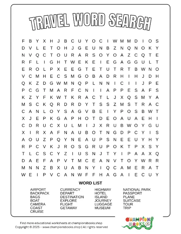 Fun Travel Word Search Worksheet for Grade 3 | Free Printable