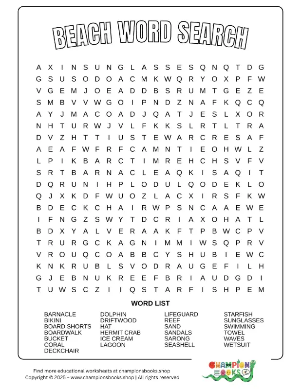 Printable Beach Word Search puzzle for Grade 2-3 students, featuring summer and ocean vocabulary.