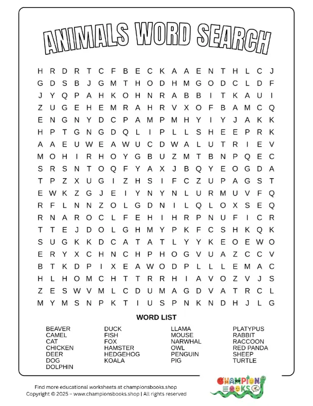 Fun Animals Word Search Worksheet for Kids - Grade 3