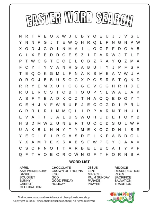 An Easter Word Search puzzle worksheet for elementary school students, featuring a grid of letters and a list of 27 Easter-themed words to find.