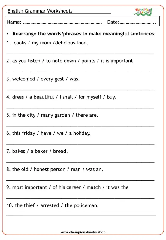 Rearrange Sentences Worksheet | Grade 1 English Grammar