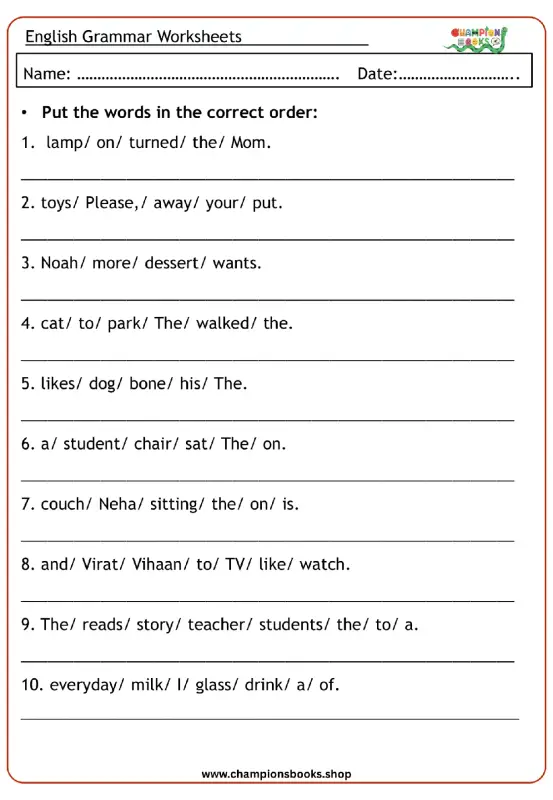 Grade 1 sentence structure worksheet for ordering words to form correct English sentences