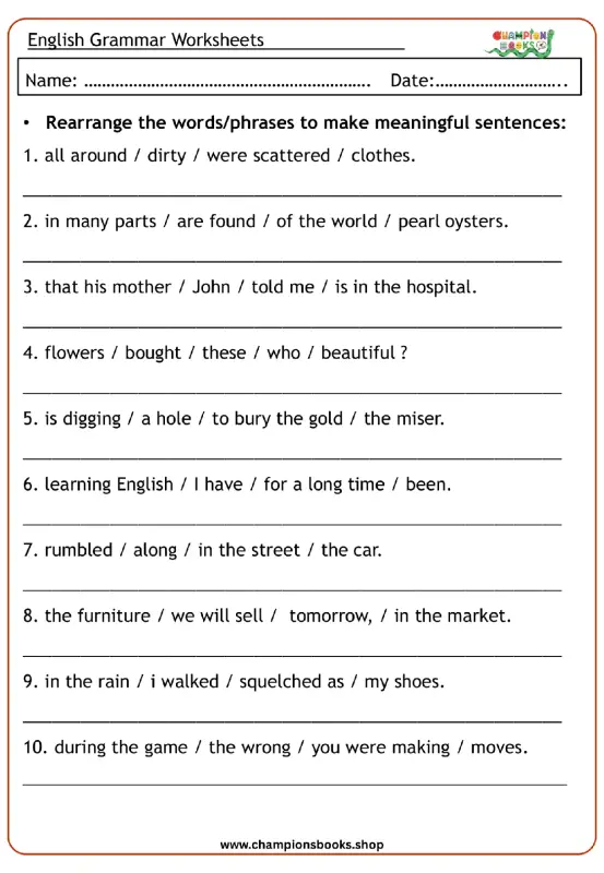 Rearrange Sentences Worksheet | English Grammar Practice