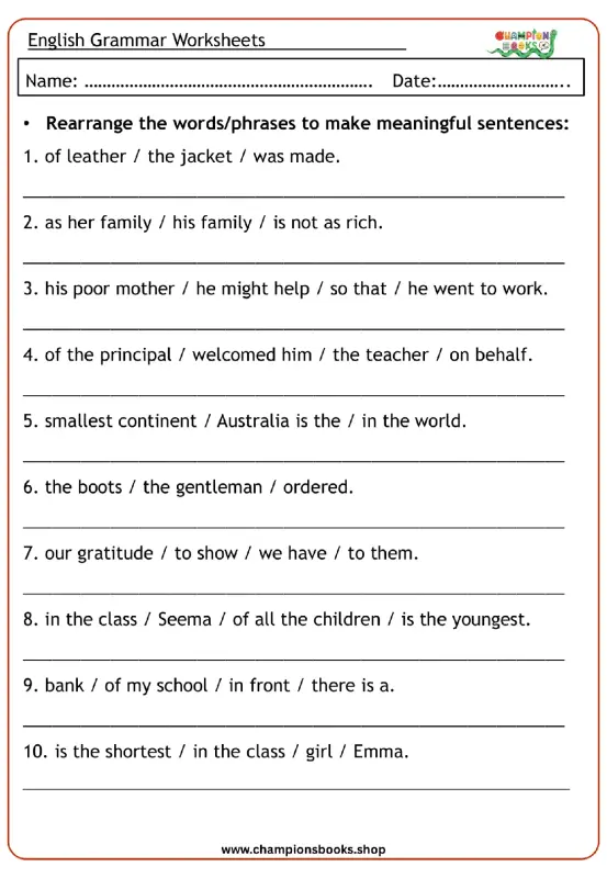 Rearrange Sentences Worksheet | Boost Grammar Skills Grade 5