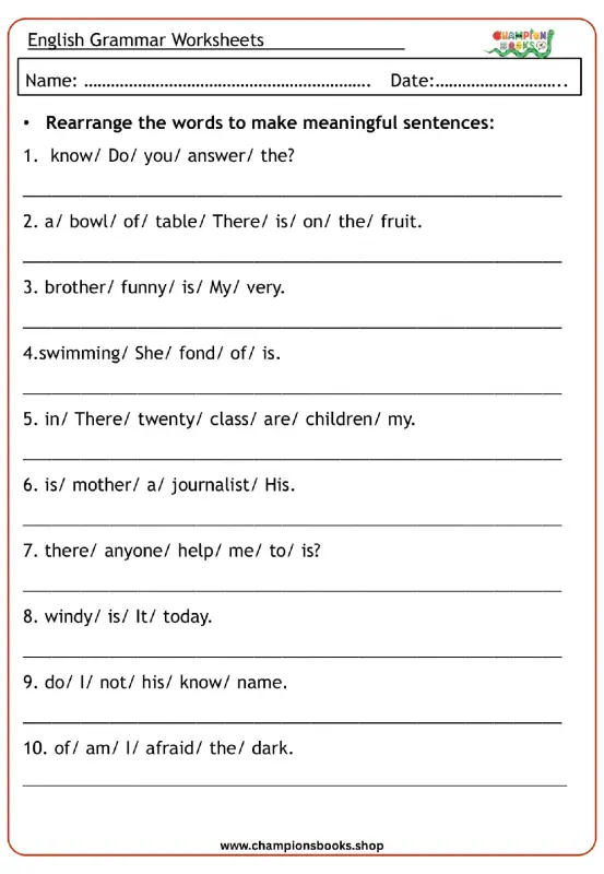 English grammar worksheet for Grade 2, tasking students to rearrange words to form meaningful sentences, focusing on sentence structure and syntax.