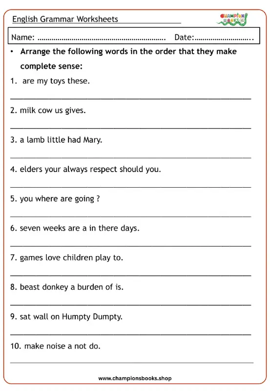 Grade 1 Sentence Structure Worksheet | Unscramble Words