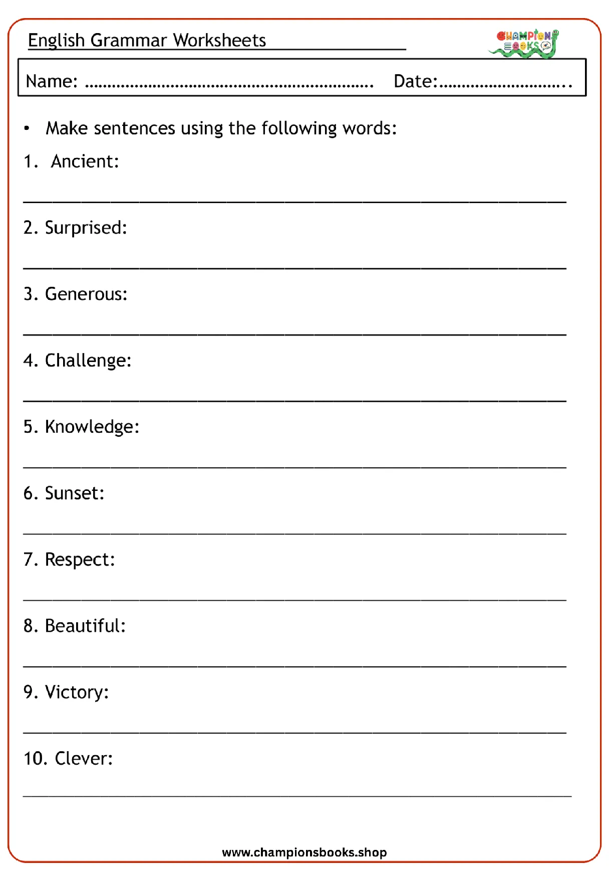 Grade 4 English Sentence Writing Worksheet with words like Ancient, Generous, and Knowledge for grammar practice.